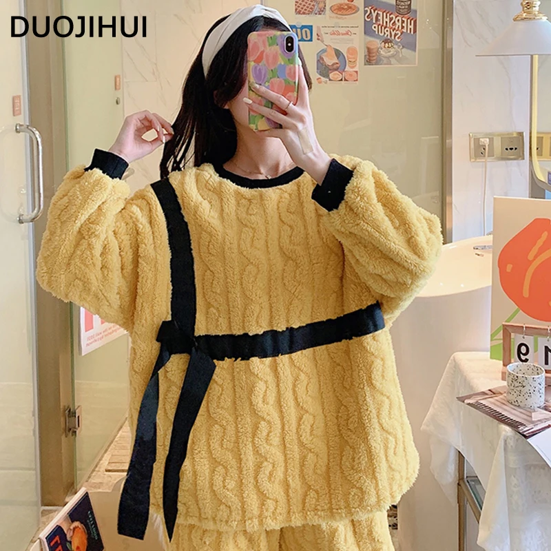 DUOJIHUI Loose Winter Thick Warm Soft Pajamas for Women New Contrast Color Fashion Bow Simple Casual 3-colors Female Pajamas Set