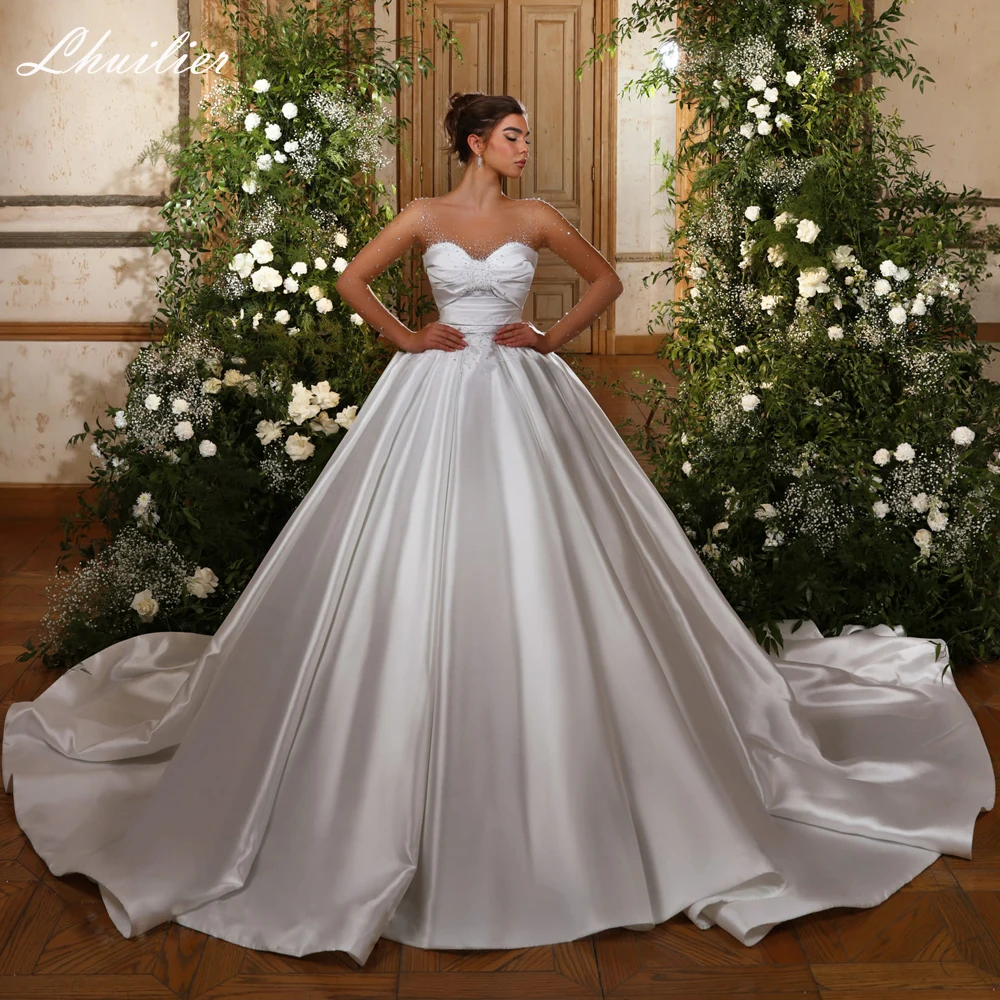 Lhuilier Customized A Line Satin Wedding Dresses Floor Length Crystal Beaded Long Sleeves Bridal Gowns with Cathedral Train