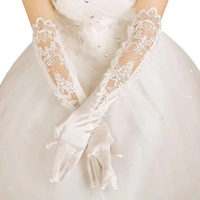 Elegant Satin Lace Gloves Long Bridal Gloves for Bride Flower Girls Women Wedding Prom Party