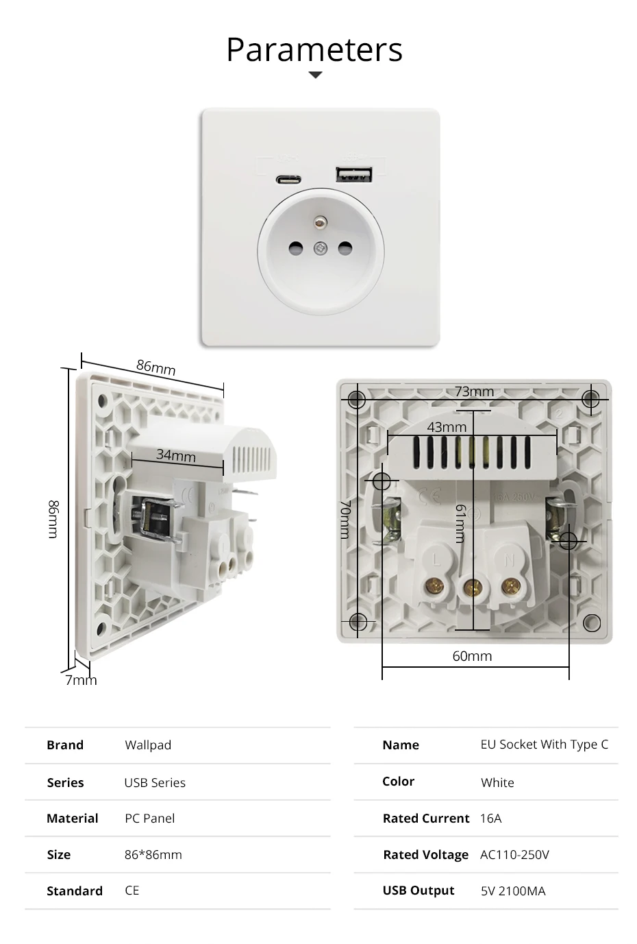 French Type C USB Outlet Wall Quick Charger Adapter EU Poland Belgium AC Power Socket with Clips Round Box