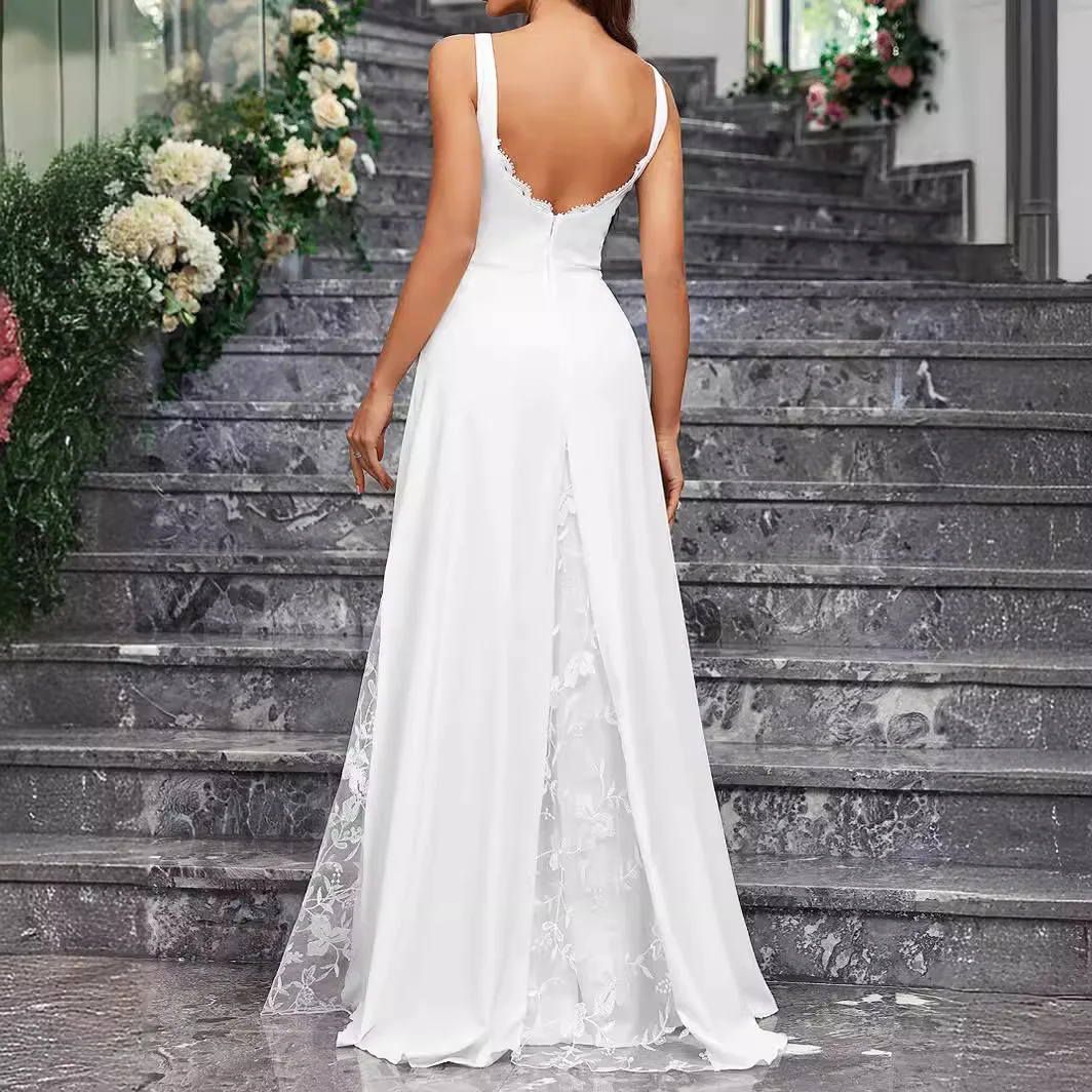 

Women White Dress Elegant Square Neck Design Sexy Suspenders Lace Backless Vintage Garden Wedding Romantic Trend Party