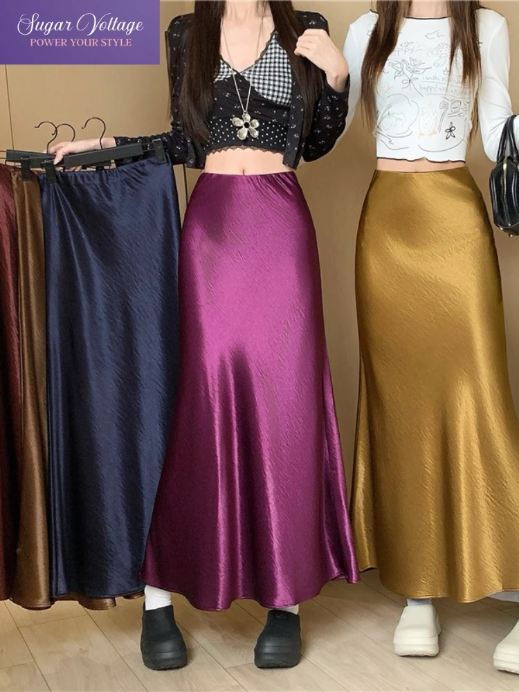 

Лето-Осенние новые винтажные юбки Y2k в стиле Харадзюку, женские тонкие атласные длинные юбки с высокой талией «рыбий хвост», элегантные повседневные шикарные юбки в стиле ретро