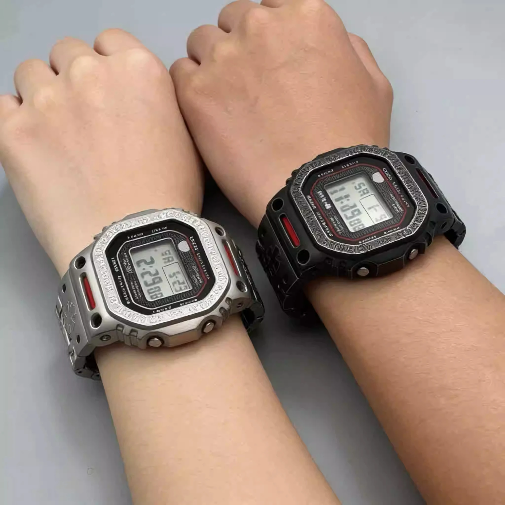 

For Casio DW5600/GW-M5610 GW-B5600 Metal Case Strap Retro Carving DIY Fashion Stainless Steel Accessories Black Silver Men'