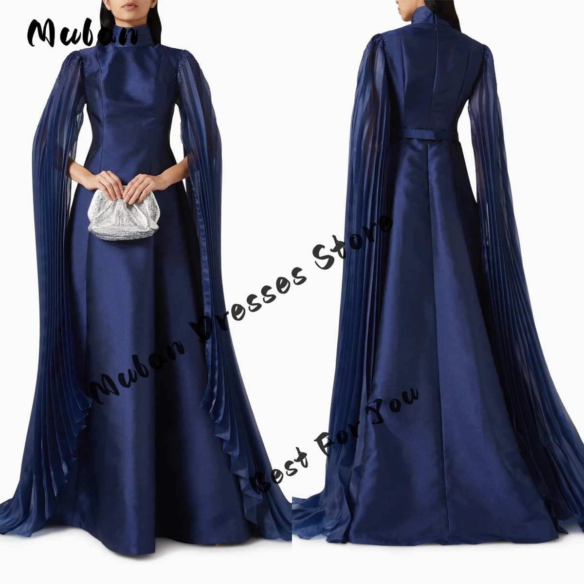 

High Collar Satin Prom Dresses Long Cape Sleeves Pleated Sash A-line Elegant Evening Dresses 2024 Formal Party Gown Vestidos