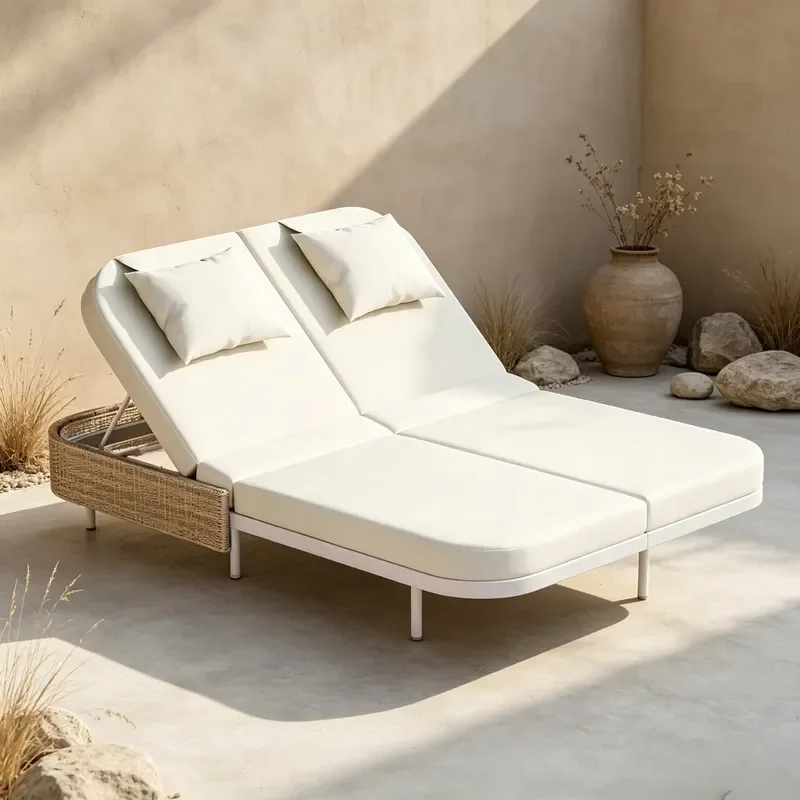 Modern outdoor hotel terrace bench 5-position adjustable backrest, waterproof rattan double sofa, iron frame, beige seat