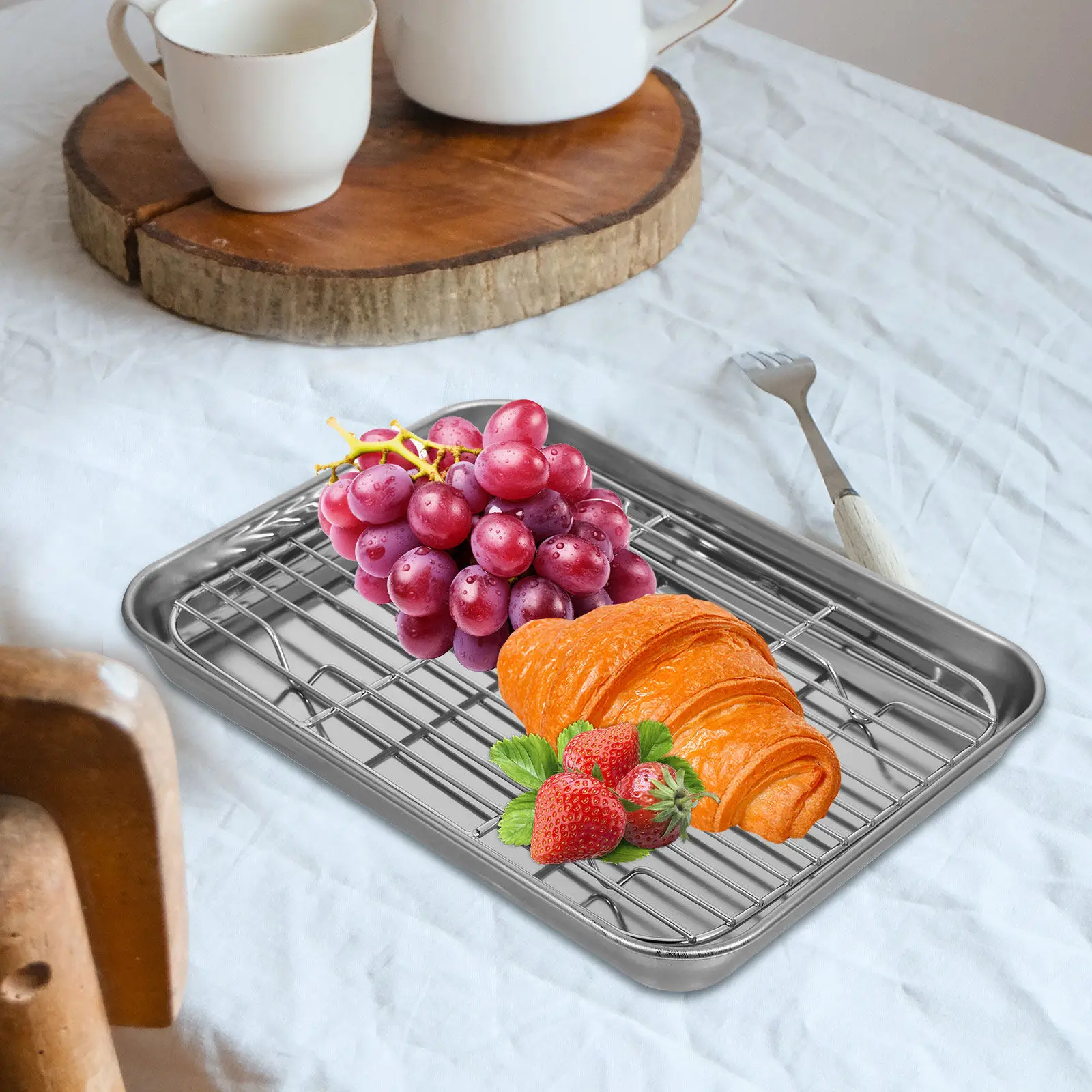2Pcs Square Stainless Steel Plate Set Rustproof Drain Plates for Kitchen Fruit Vegetable Drain Storage Multipurpose Tray Steel
