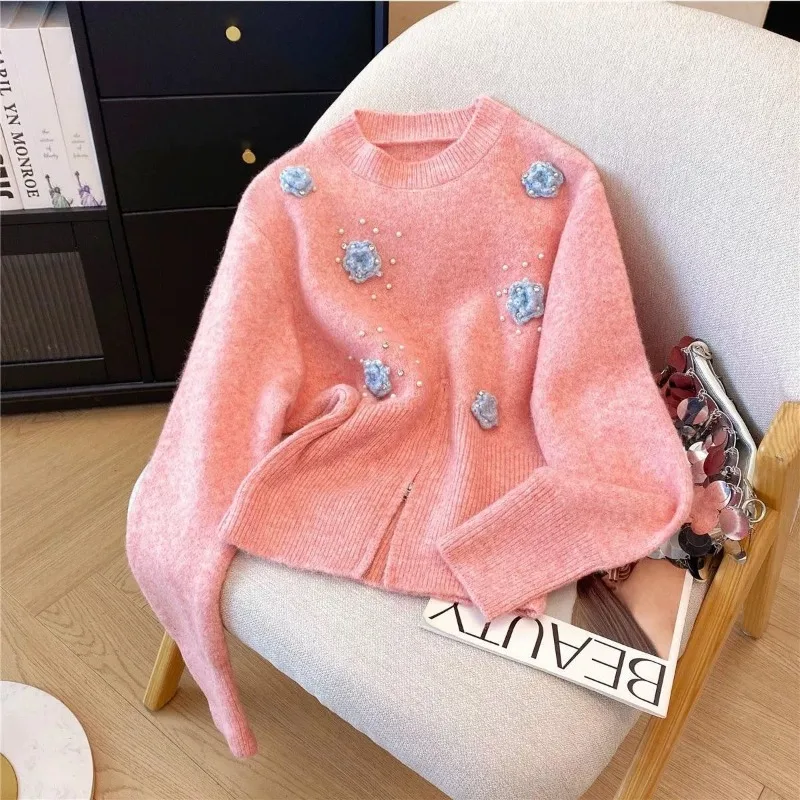 

Autumn and Winter Fashion New Women's Elegant Knitted Hoodie Three Dimensional Flower Round Neck Long Sleeve Sweater Jumper