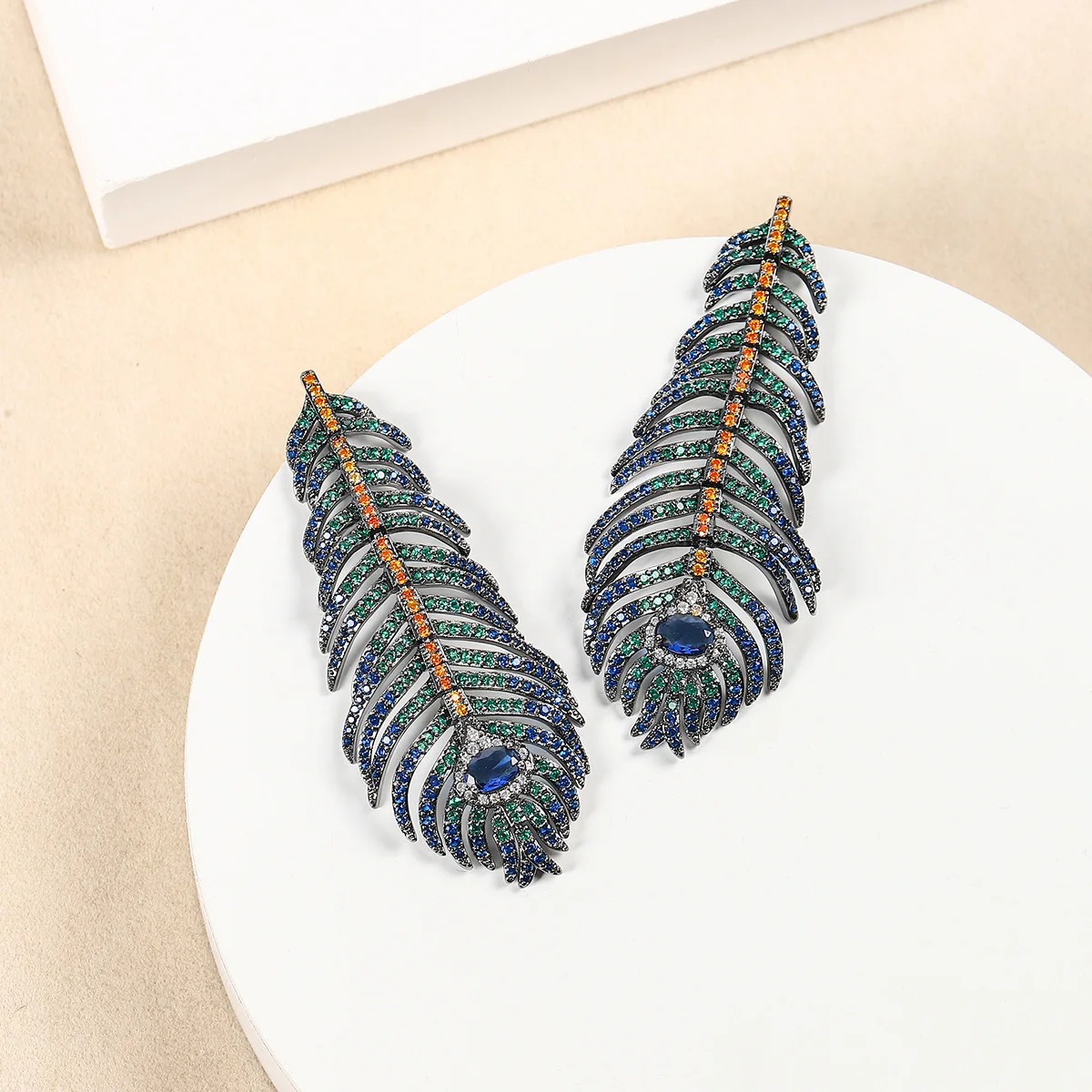 Bilincolor Zircon Peacock Feather Tassel Earrings For Women