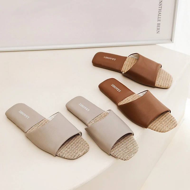 

Women Men Indoor Home Slippers Made of Lambskin and Linen with Non - Slip Rubber Sole Simple Genuine Leather High - End Feeling