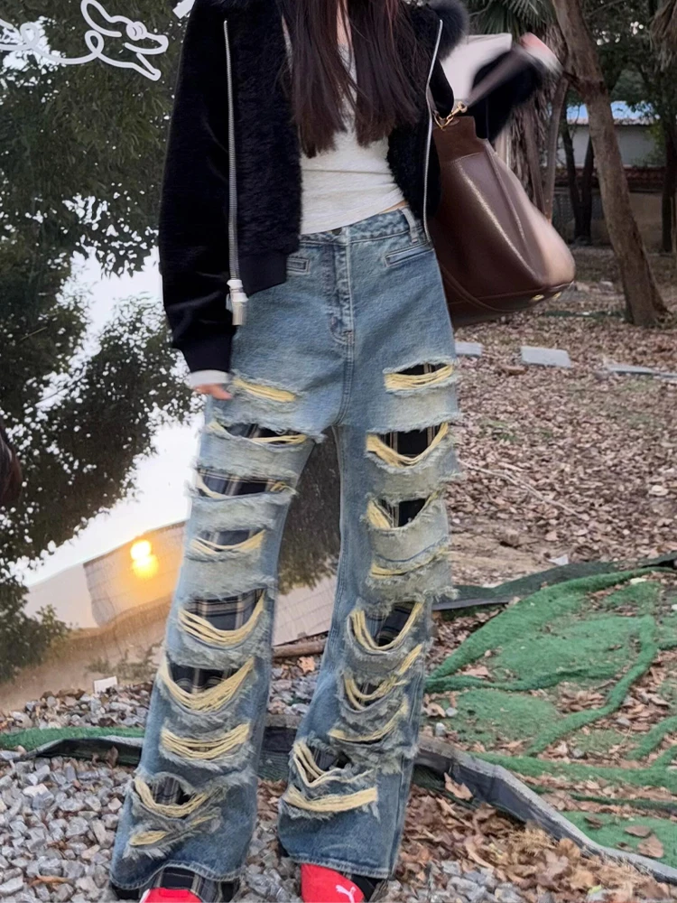 

Джинсы женские в американском стиле, с эффектом потертости, двухслойные, в стиле панк, модные, длинные, весенняя новинка