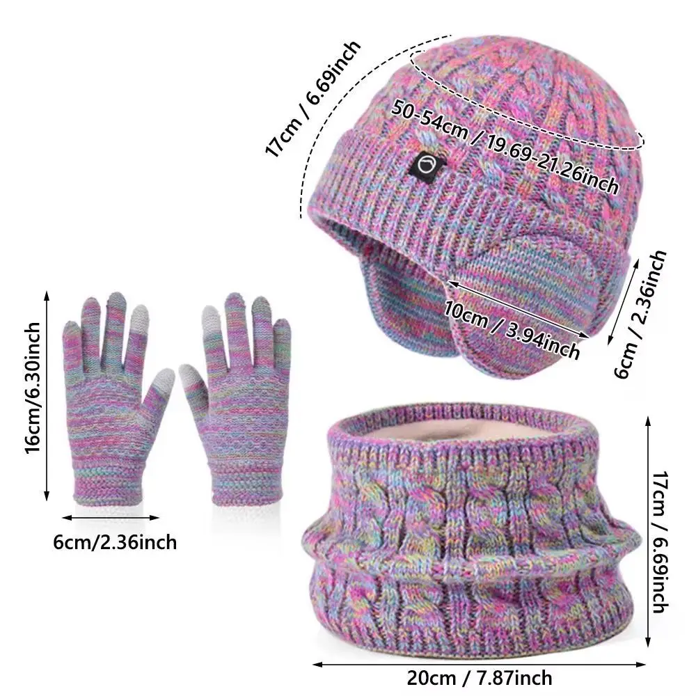 3Pcs/Set Solid Color Hat Scarf Gloves Set Earflap Coldproof Winter Pullover Hat Thickened Windproof Ear Protection Caps Autumn