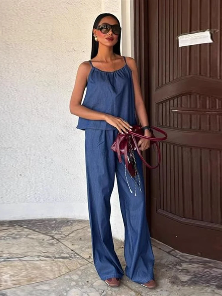 

Summer New Women's Denim 2 Pieces Pants Set Loose Fit Sleeveless Top Matching High Waist Wide Leg Jeans Elegant Female Outfits