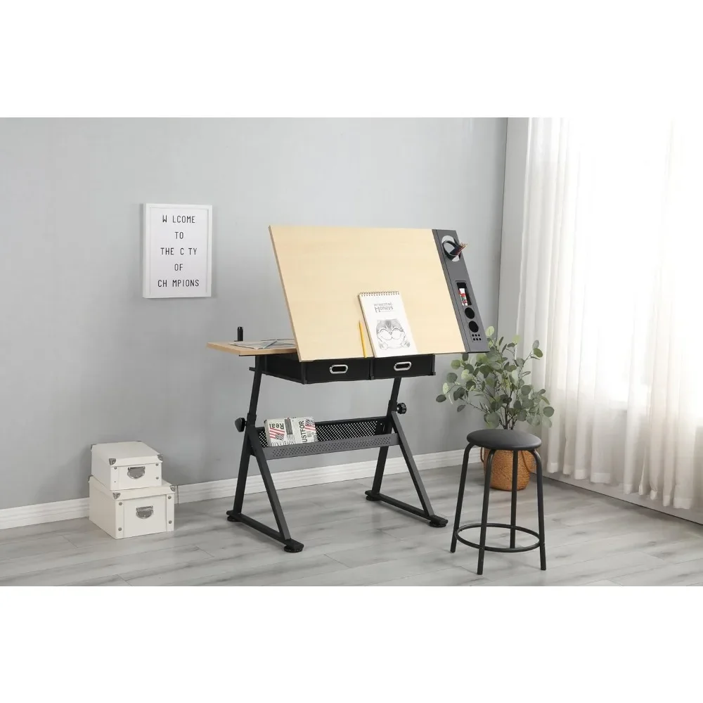 

Adjustable School Desk, Drafting Table Desk with 2 Non-Woven Storage Drawers and Stool for Home Office and School, School Desk