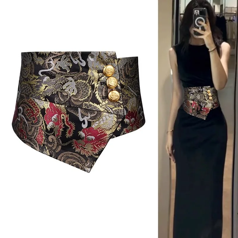Luxury Design Black Jacquard Fabric Elastic Waistbands Women Hans Traditional Wide Irregular Waist Belts Corset Ceinture Femme