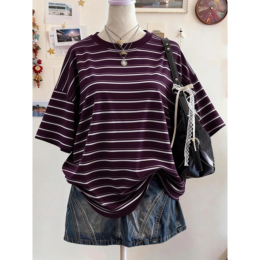 Neues Y2K Gestreiftes Digital-Print Casual Oversized Mittellanges Rundhals-T-Shirt mit Überschnittener Schulter für Kinder Street Fashion Lässiges Sport-Oberteil – Detail 8