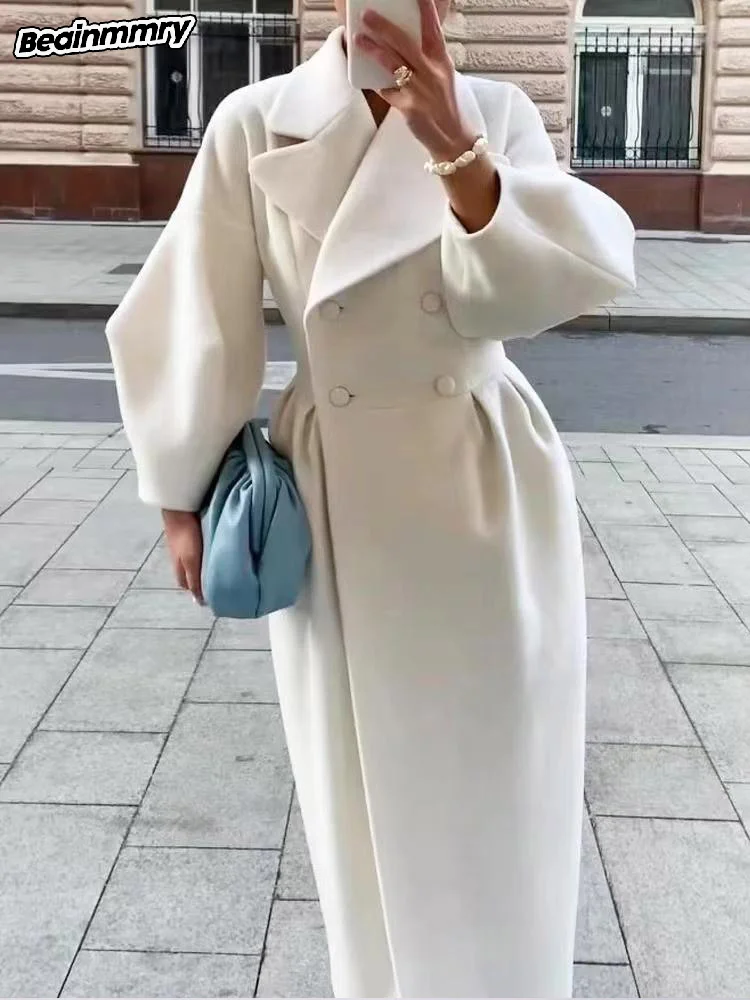 2024 Chic Women Elegant White Wool Blends Coat Fashion Full Sleeve Lapel Ruffles Long Coats Fall Winter Lady Commute Outerwear