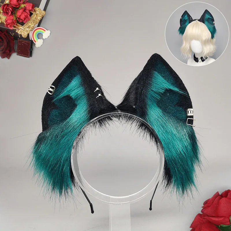 Dark Y2K Fox Ear Headband with Ear Holes Plush Animal Ear Hair Accessories Adjustable and Swinging Wolf Ears
