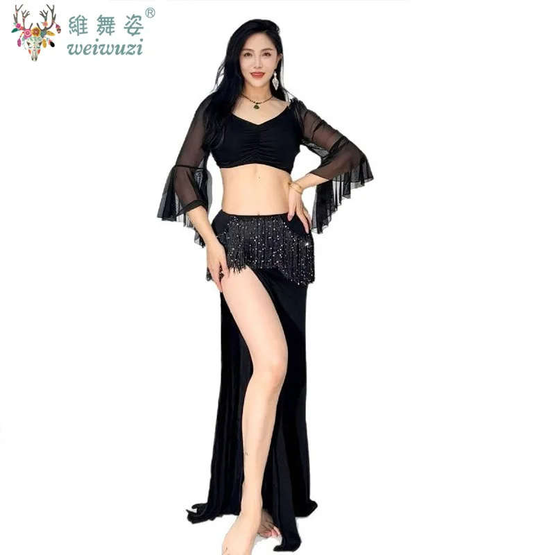 Robes de danse sexy pour femmes adultes, vêtements de danse en gaze de fil d'eau, 2 pièces, vêtements de scène à manches longues, vêtements de spectacle de concours de danse du ventre
