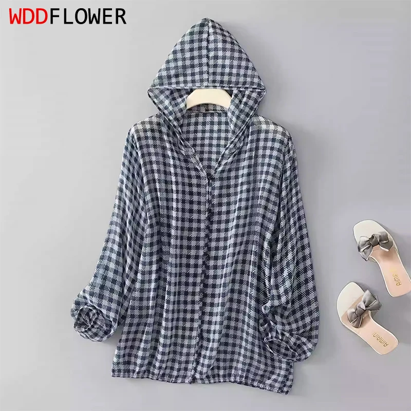 

Женское пальто с капюшоном из 100% тутового шелка, тонкий тип, темно-синий клетчатый кардиган на пуговицах с длинными рукавами, верхняя рубашка, блузка, летняя FF080