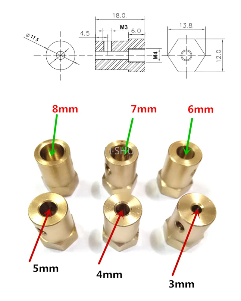 1-10pcs 3 4 5 6 7 8mm Hexagonal Brass Shaft Coupling Motor Transmission Connector With Screw Wrench Model Car Wheels Tires Shaft