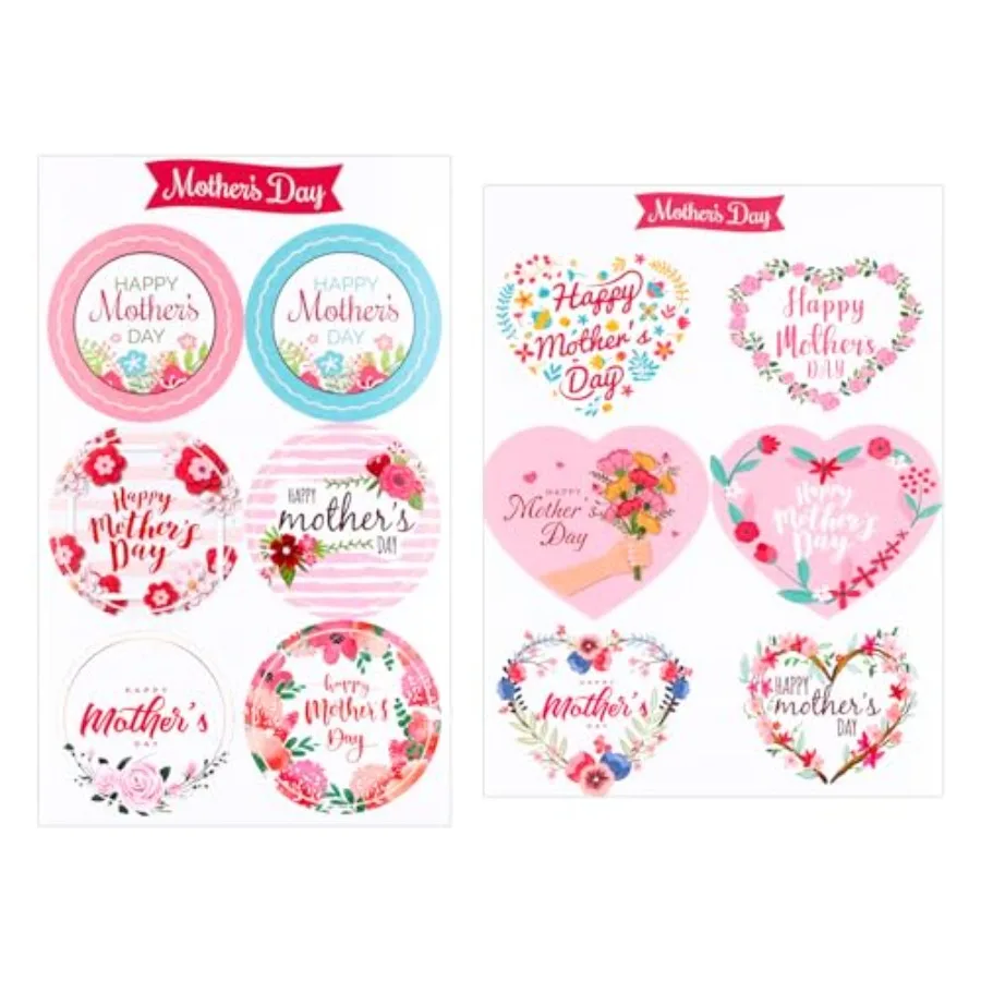 

120pcs Happy Mother's Day Stickers 12 Designs Pink and Red Floral Self-Adhesive Vinyl Heart and Round Shapes Modern Style Indoo