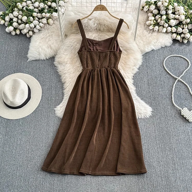 Casual Spaghetti Strap Long Dress Women Spring Autumn Corduroy Dress Streetwear Sleeveless Elegant Sundress