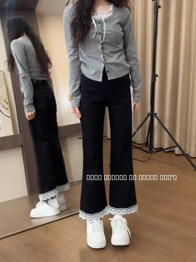 

Джинсы-клеш с высокой талией и кружевными вставками, женские, летние, новые, стройнящие, маленький размер, универсальные, повседневные