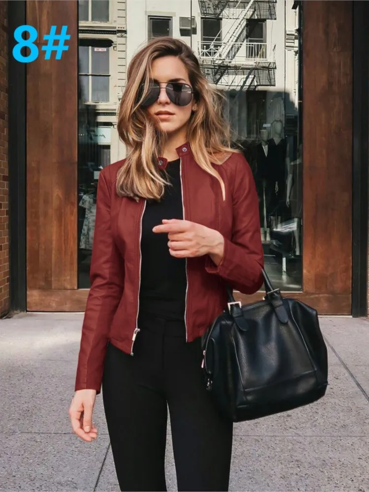 Chaqueta de cuero con cremallera y manga larga con cuello levantado para mujer, chaqueta informal elegante ajustada de cuero de Color sólido para otoño e invierno