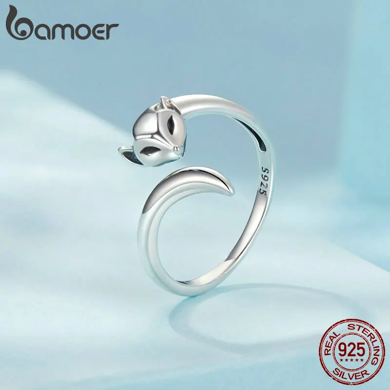 BAMOER Solid 925 Sterling Silver Fox Ring for Women, Animal Fox Tail Adjustable Open Ring Jewelry Gifts for Foxes Lovers SCR1066