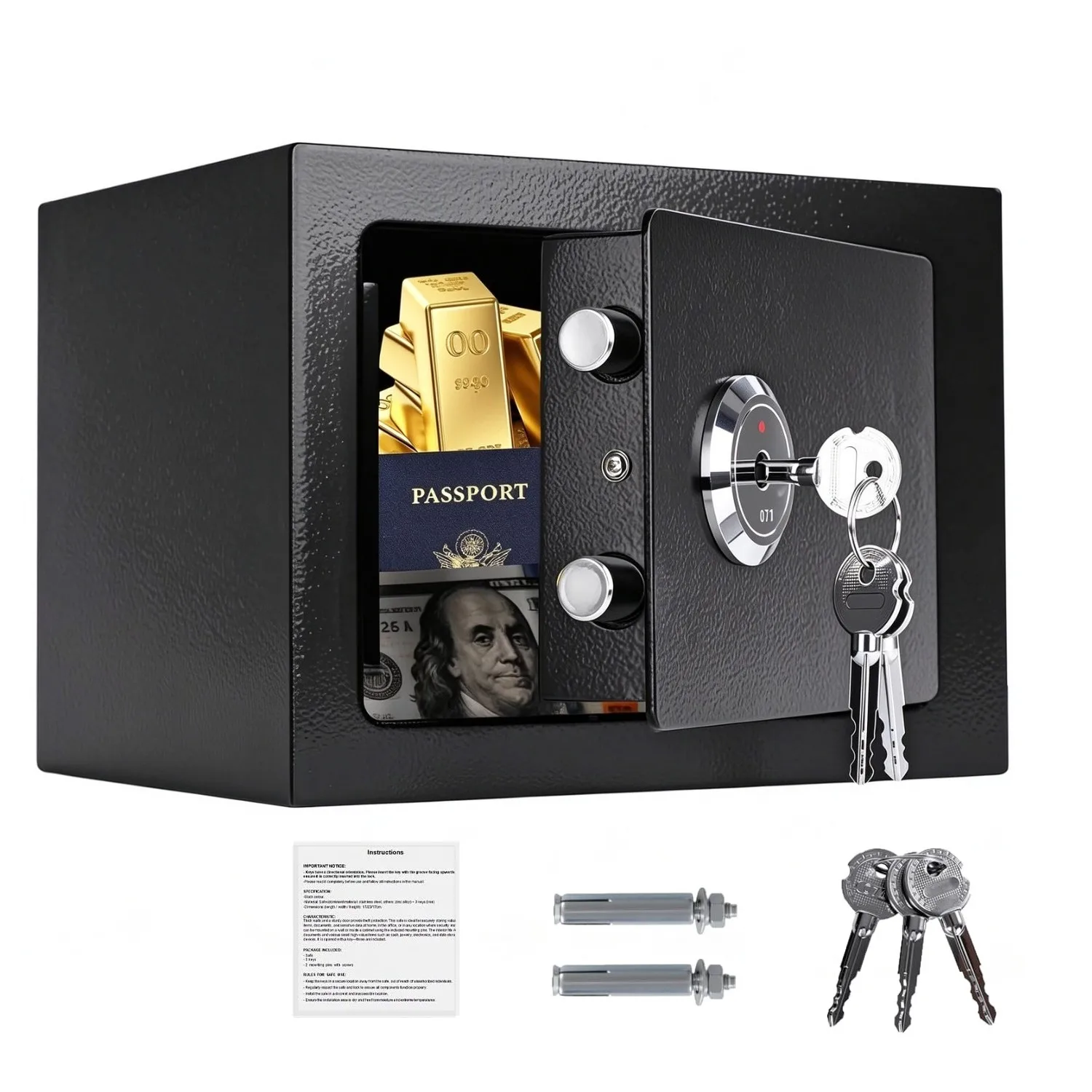 Mechanischer Tresor für Möbel, Tresorbox mit 3 Schlüsseln, Doppelstiftschloss, Tresor aus Eisen und Stahl für Büro, Bargeld/Geld/Schmuckaufbewahrung