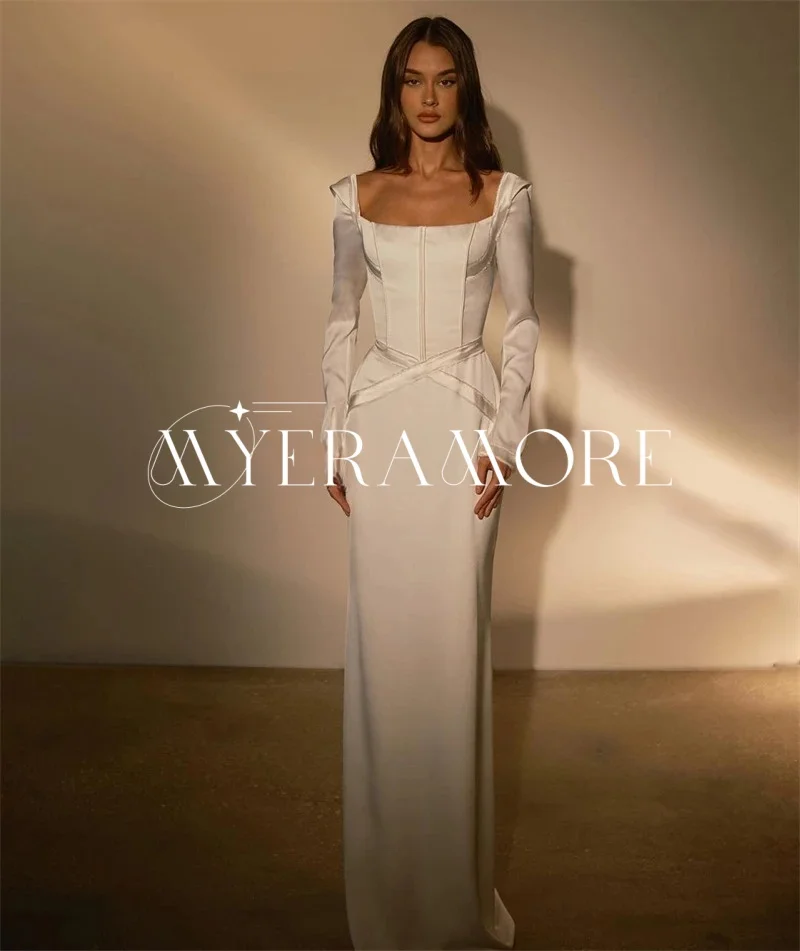 ชุดแต่งงานสไตล์นางเงือกสมัยใหม่ ปี 2025 ผ้าซาติน แบบเปิดไหล่ แขนยาว ยาวกรอมพื้น ชุดเจ้าสาวสั่งตัดได้