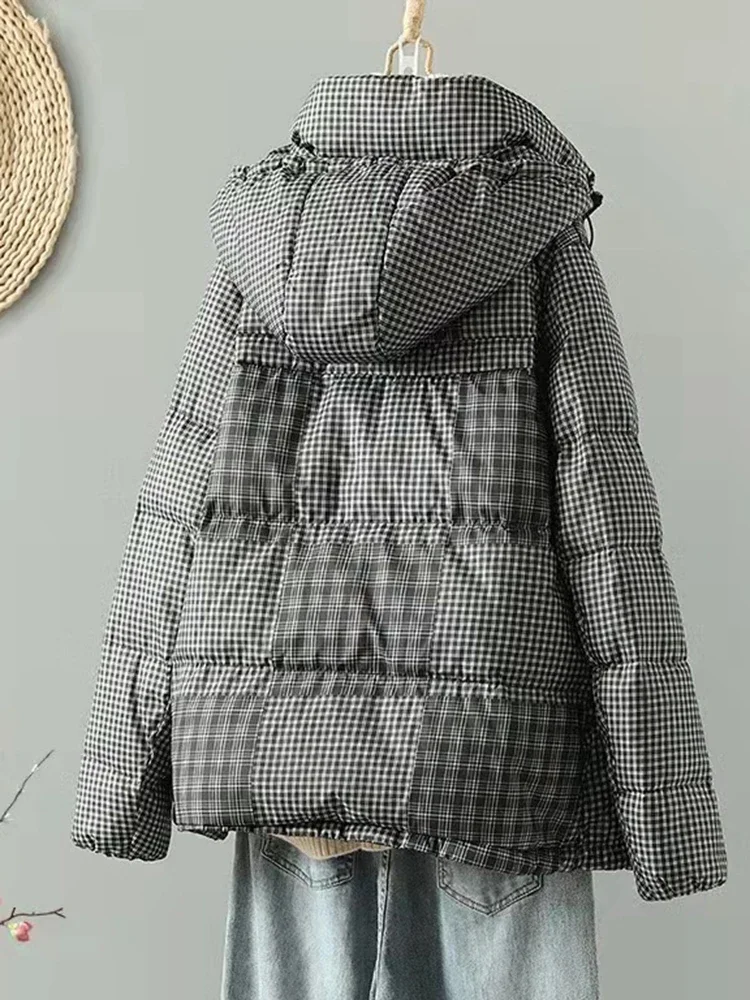 2024 New Fashion Winter Duck Down Coat Women Warm Thick Plaid Hooded Jacket Autumn Casual Oversize Pocket Parkas Long-style E57