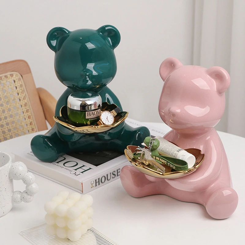 

3D Ceramic Bear Figurine Home Decoration Color Animal Statue Keys Jewelry Storage Shelf Nordic Modern Room Sculpture Table Decor