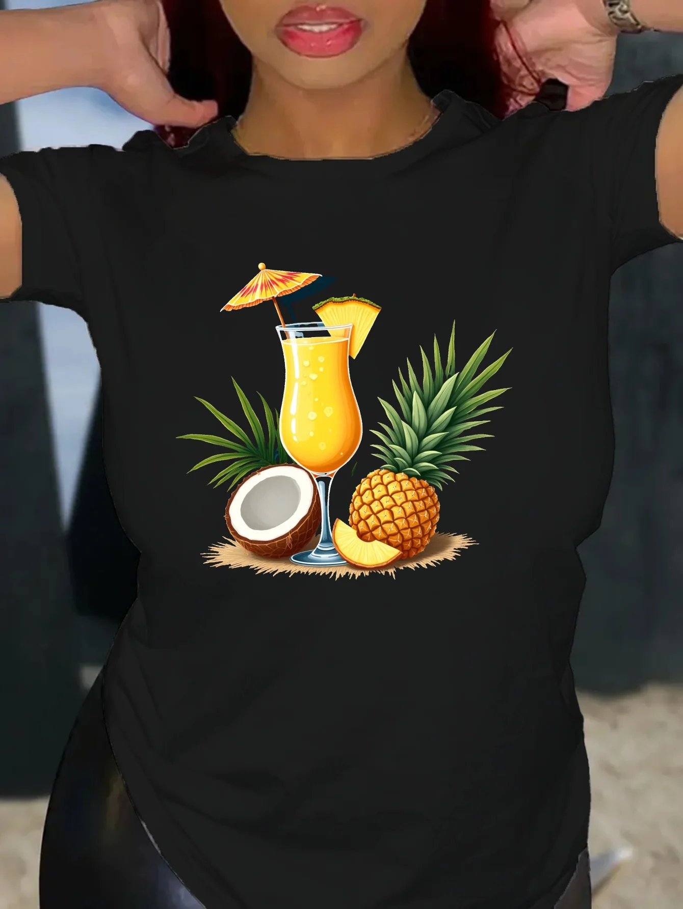 Camiseta con estampado de bebidas tropicales y coco para mujer, camisetas informales de manga corta con cuello redondo, camisetas gráficas de verano, Top Y2K