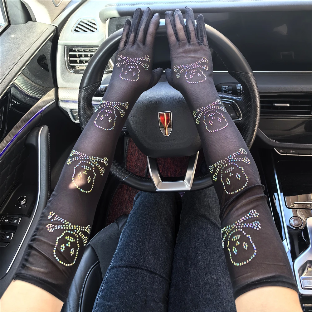 

New Skull Faux Crystal Sequins Breathable Mesh Long Gloves Summer Drive Sunscree Elastic Punk Hiphop Touch Screen Mittens ST20