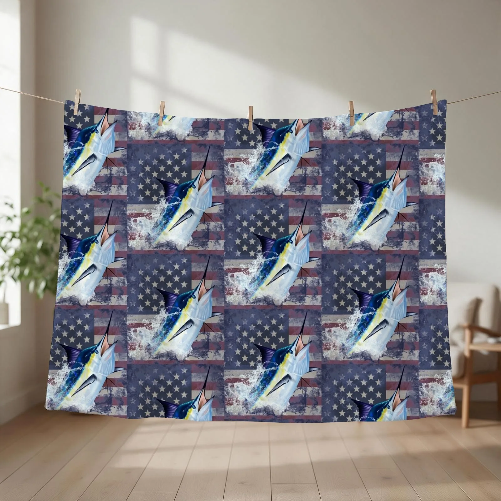 Blue Marlin with US Flag Throw Blanket couch cozy soft plush fuzzy picnic outdoor blanket