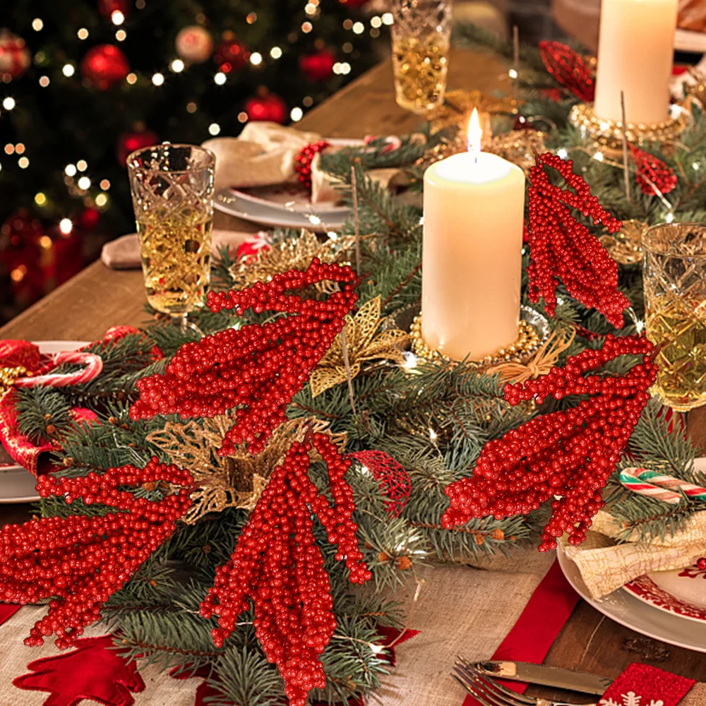 Artificial Holly Berry Stamen Wreath Enfeites, Natal Red Berries Branch, Plantas Falsas, Flores, Árvore De Natal, Decoração De Casa De Festa