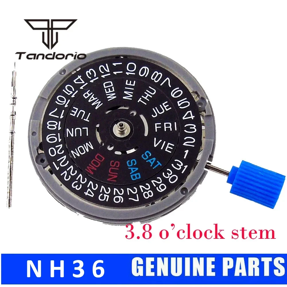 Genuine Mechanical Automatic 24 Jewels NH36A Watch Movement 3/3.8 o'clock English Spanish Weekday Date Display Black White Wheel