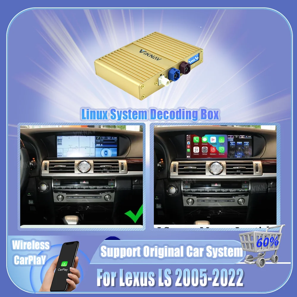 Viknav Linux Interface Decoding Box Fit  For Lexus LS 2005-2022 Wireless CarPlay Android Auto Upgrade Decoder Box