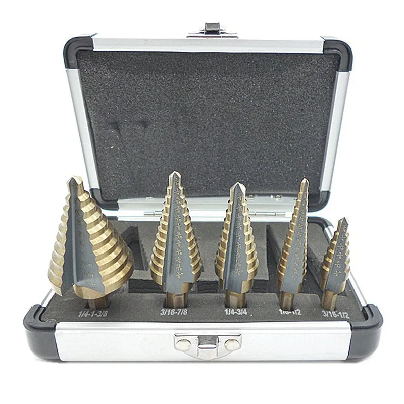 Five-Piece Aluminum Box Steel Plate Puncher Inch 5pc Roasted Yellow Triangle Hole Reaming Pagoda Drill Bit Table Step Drill