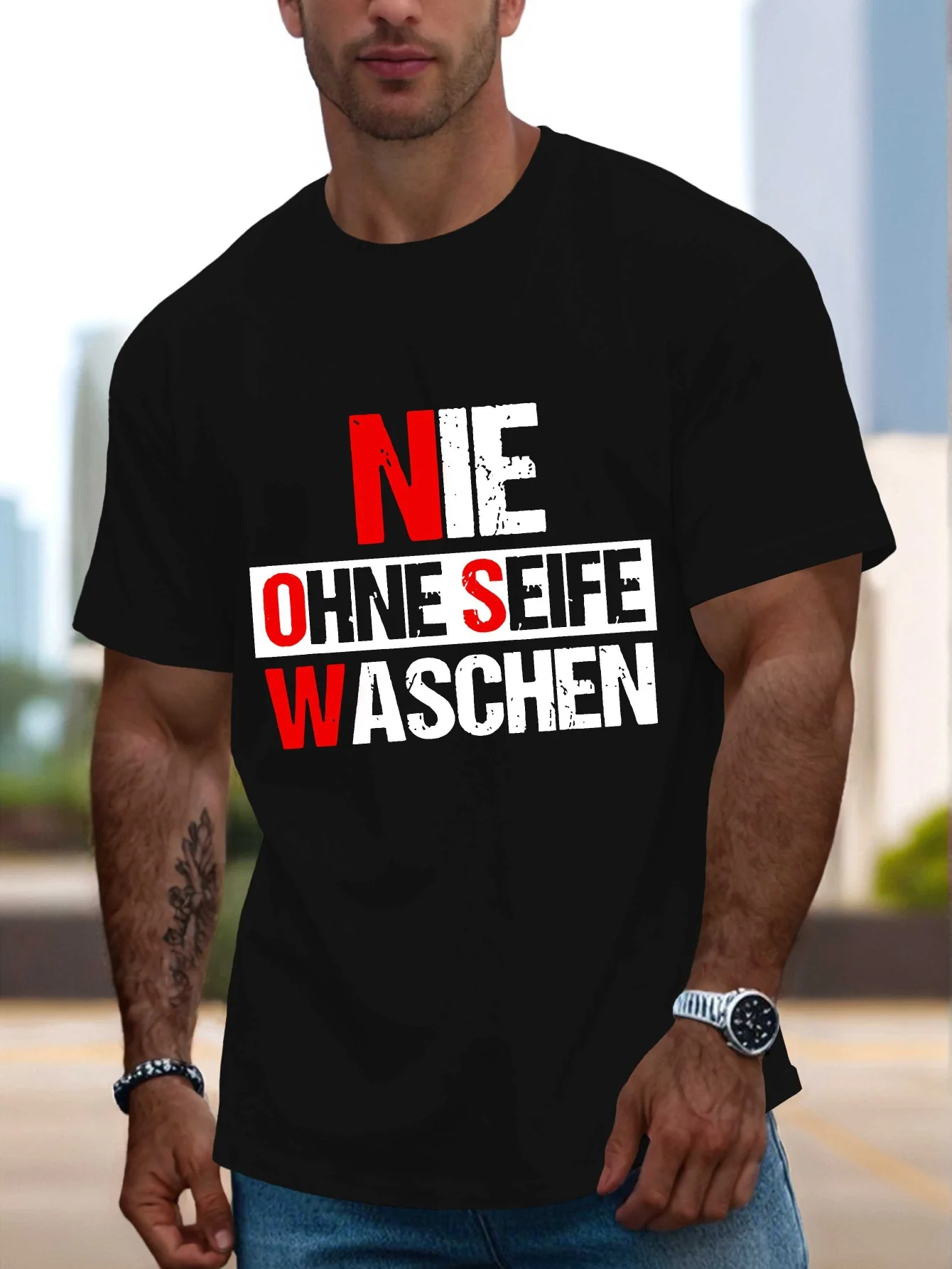 

Men's funny German humor pattern T-shirt - Bold "NE OHE SELFE WASHCHEN" print, black with red and white text, for summer