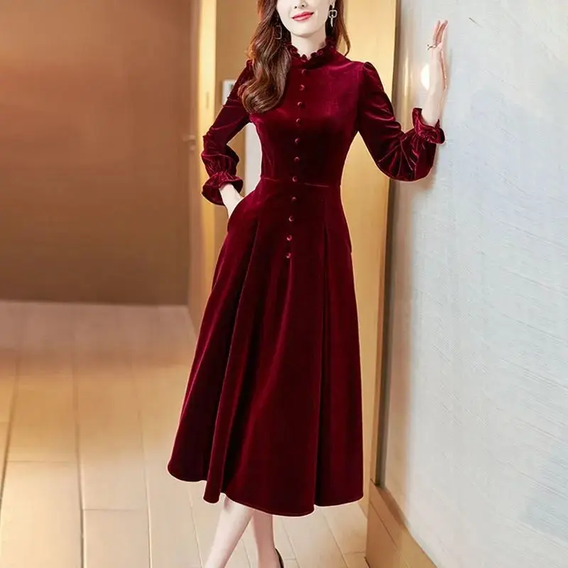 

Vintage Wine Red Velvet Dress Women Autumn Long Sleeved Mid-calf A-line Dresses Temperament Evening Party Gown Mujer Vestidos