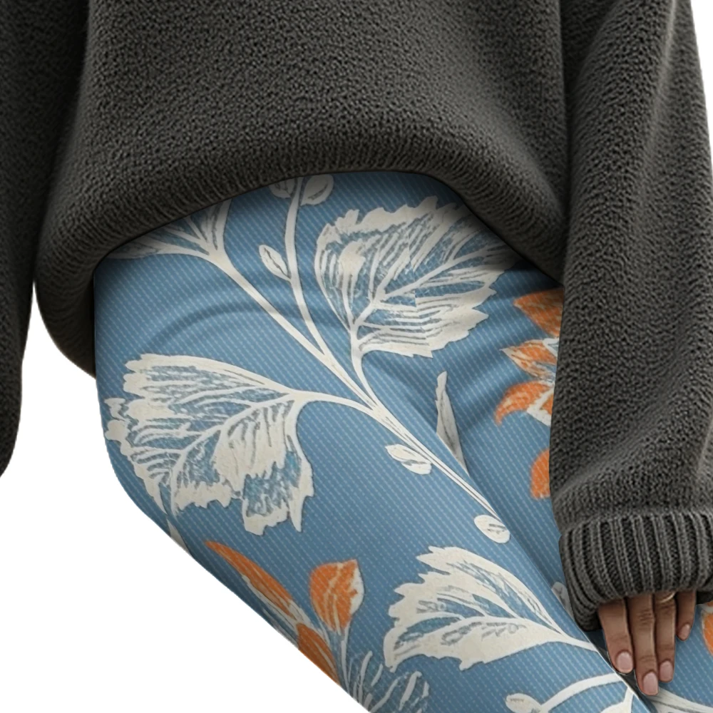 سراويل ضيقة نسائية عالية الخصر مع طباعة نباتية باللون الأزرق المخضر الطازج وقاعدة بيضاء مع أوراق شجر وزهور سراويل يوجا قابلة للتمدد للياقة البدنية غير رسمية #5