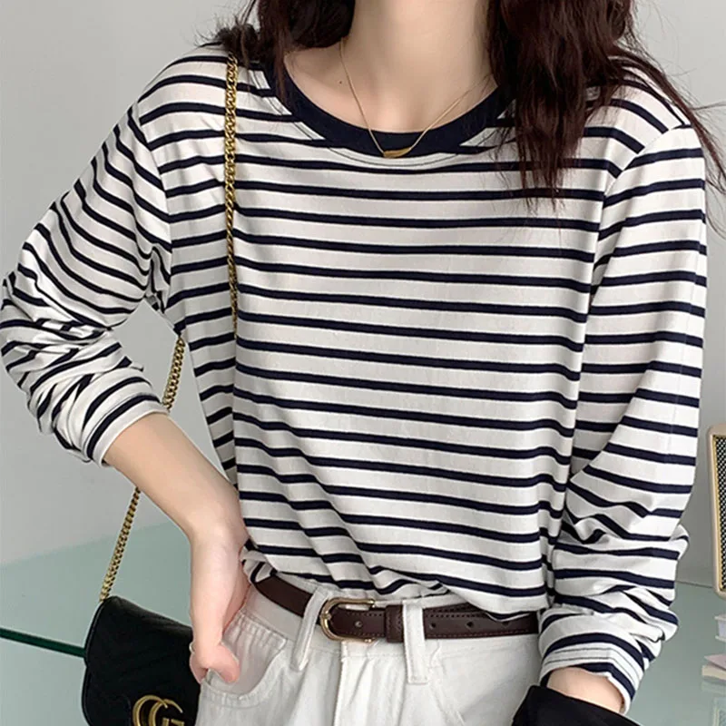 Économie décontractés à manches longues rayés noirs pour femmes, chemises à fond en coton, t-shirts féminins, vêtements chics, printemps