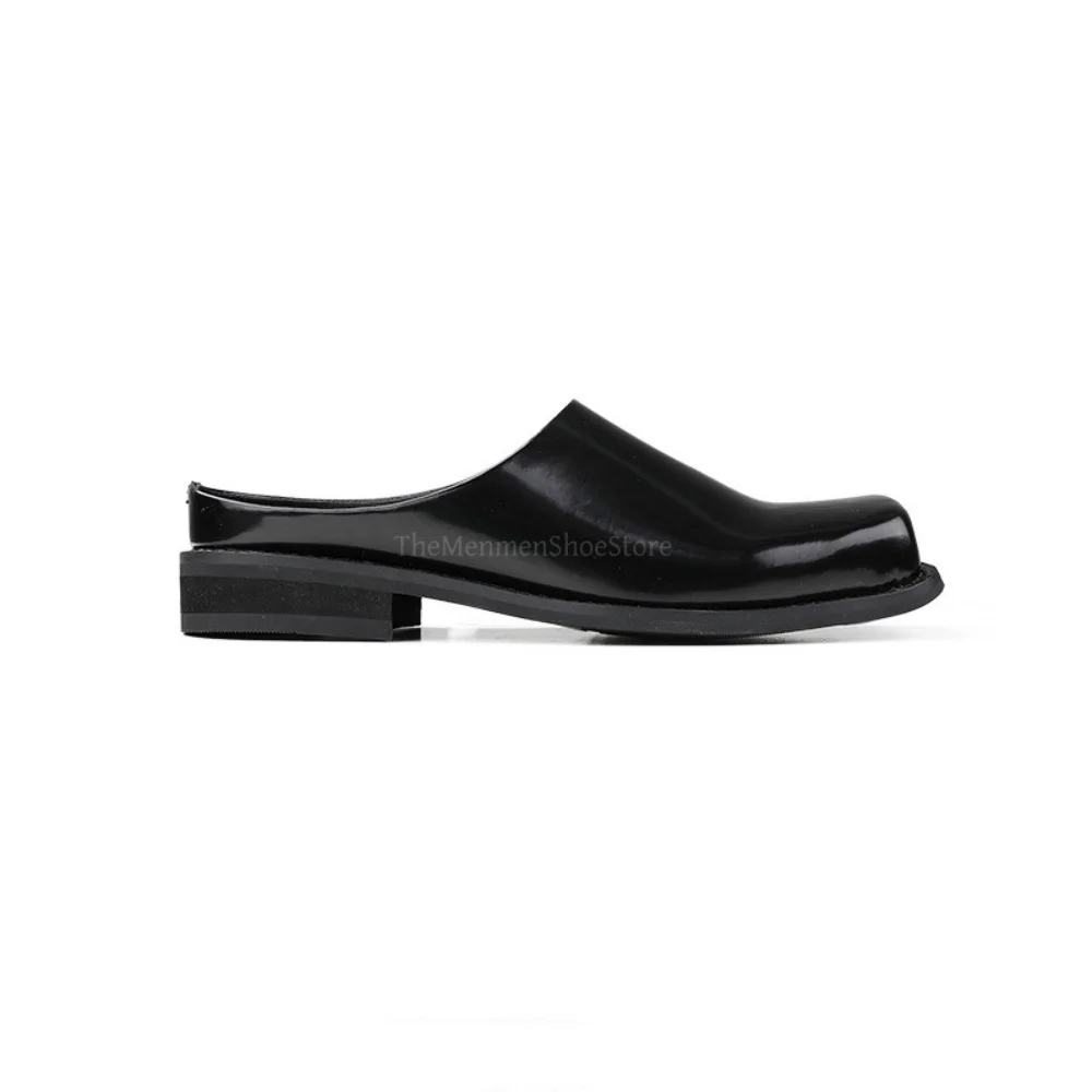 Men's Sqaure Cover Toe Leather Slippers for Outside Trendy Casual Mueller Shoes Low Thick Heels Male Half Shoes