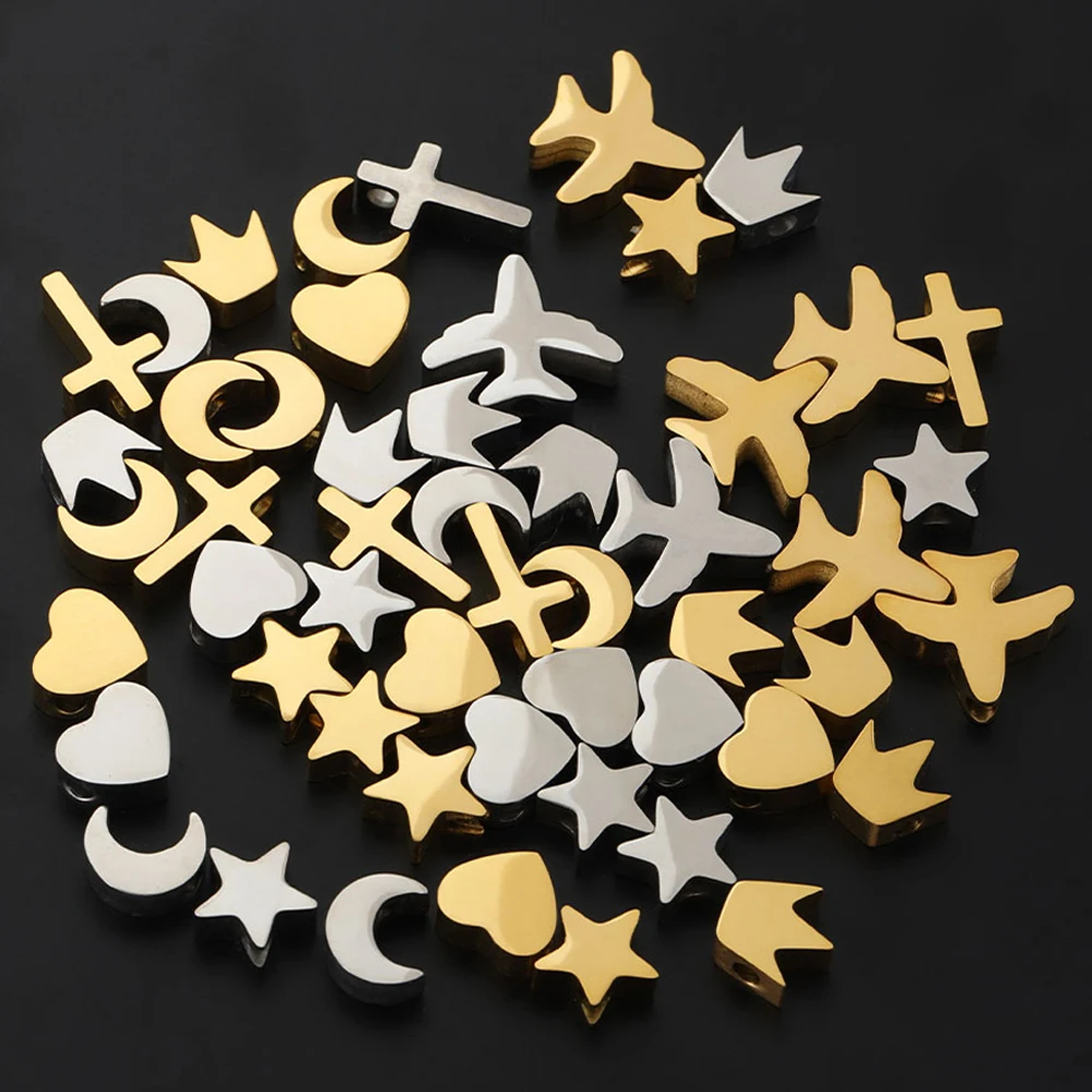 5pcs Stainless Steel Polish Heart Bracelet Beads Moon Star Airplane Spacer Beads DIY Jewelry Making Necklace Findings Wholesale