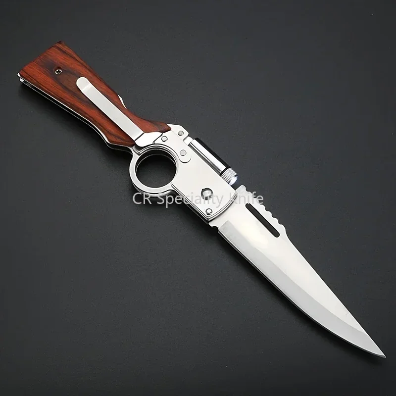 Portable AK47 EDC Folding Knife Outdoor Hunting Wooden Handle Tactical Self Defense Utility Tools with LED Lights Multi Knives