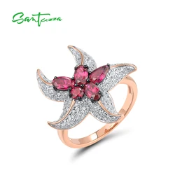 SANTUZZA Pure 925 Sterling Silver Rings For Women Sparkling White CZ Created Ruby Star Fish Luxury Ocean Cute Party Fine Jewelry