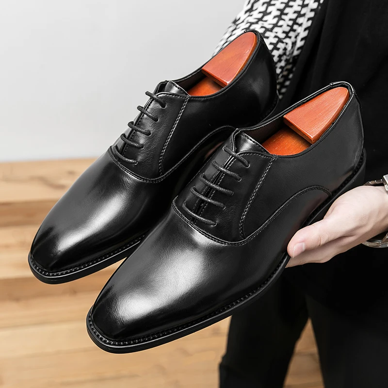 European Station Men  Classic Business Casual Derby Leather Shoes Pointed Black Sizes 38-44  Men Shoes