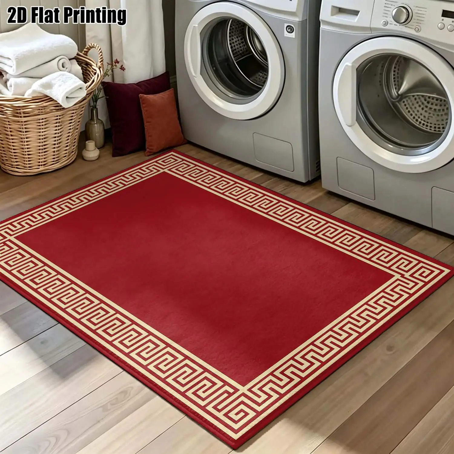 1Pc 2D Printed Carpet: Burgundy Floral Border, European Retro Geometric Pattern, Machine Washable Home Decor Rug for Multi Scenes, Multiple Sizes